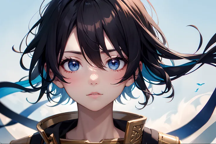 Warrior boy staring at the blue sky with a serene face like background fire