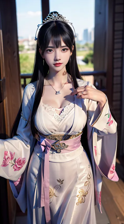 qian28, 1girl, solo, head turned, looking at viewer, teeth, parted lips, (8k, best quality,high quality clothes, masterpiece:1.2,hhgh precision skin,,rich facial texture), black_hair,,(dingdall effect), elegant,exquisite clothes, beautiful pendant,evening,...