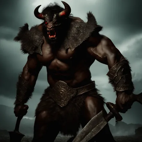 Struck by lightning(Black minotaur:1.5)，（A monster with a minotaur with a tomahawk：1.8），sense of strength，Standing cow with an axe，Painful expression，Scary red eyes，(The minotaur raised its head and roared into the sky:2)，funk，shudder，The current spreads a...