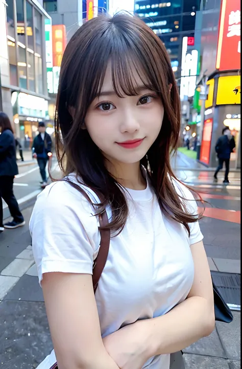 女の子1人、on tokyo street、natta、A city scape、city light、The upper part of the body、a closeup、A smile、、(8K、Raw photography、top-quality、​masterpiece:1.2)、(realisitic、photoRealstic:1.37)、Front view、huge tit、White T-shirt