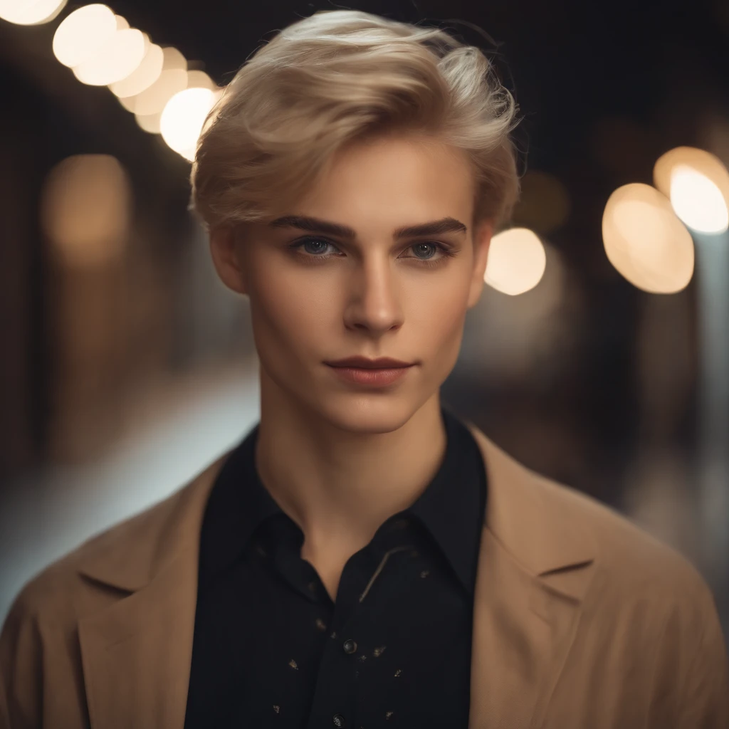 Medium blonde haired boy with a medium haircut looks at the camera, delicate androgynous prince, Beautiful androgynous prince, androgynous face, an epic non - binary model, tomboy cabelo platinado curto, beautiful androgynous girl, foto retrato suave 8 k