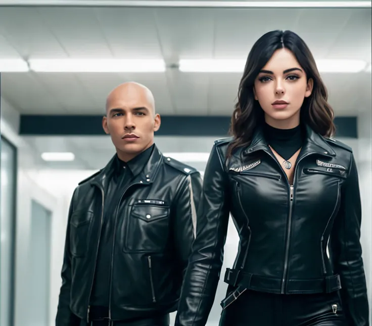 a man and woman in leather jackets standing next to each other, promotional image, leather clothing, leather clothes, promotional still, promotional shot, movie promotional image, promotional picture, promotional photo, promotional art, hero, charli bowate...