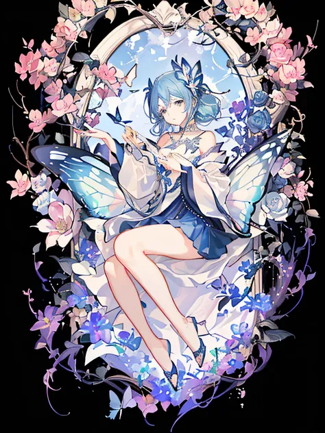 There is a picture of a blue rose and butterfly frame, Wallpaper phone. Intricate, anime art nouveau cosmic display, beautiful iphone wallpaper, flowers and butterflies, Anime art wallpaper 8 K, aesthetic cute with flutter, dreamy and detailed, 8K high qua...