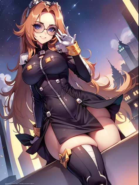 (masterpiece, best quality:1.2), eggmaam, looking at viewer, smile, skirt, thighhighs, gloves, detailed night sky, moonlight, cinema camera, jacket, thighs, glasses, teeth, black thighhighs, white gloves, black skirt, orange hair, grin, (large breasts:1.6)...