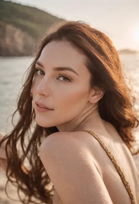 half body shot, gold colored swimsuit, sea in the background, sunny day, woman short brown hair, high quality photo.