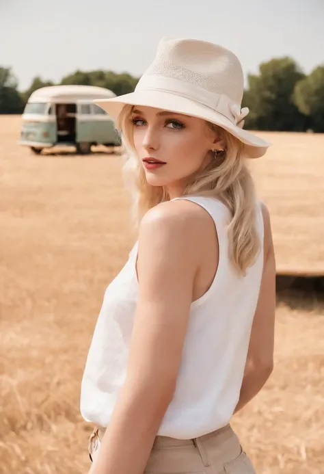 happy blonde woman in hat and white tank top, retro van and field in background, sunny day, medium shot, high quality photo.