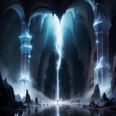 Cristal magico, Nebulous cave background with mist, biblioteca, soul cristal, aura magica, dark ambient