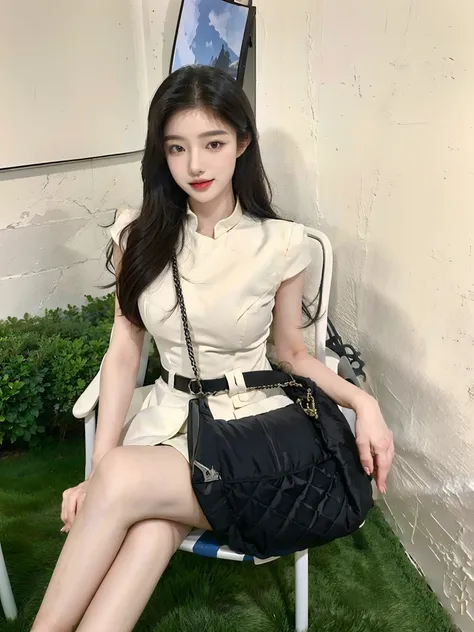 The Alatei woman sat in a chair，On the leg is a purse, korean womens fashion model, With black, Choi Hyun-hwa, ulzzangs, Korean girl, bae suzy, smooth white tight clothes suit, lee ji eun, Lee Ji-eun, 2 4 year old female model, Gorgeous young Korean woman,...