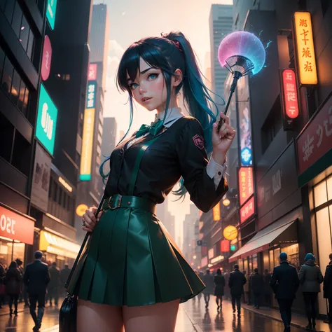 (highres,photorealistic:1.2)A girl with vibrant blue hair and sparkling emerald green eyes. She is wearing a stylish black school uniform with a red bowtie. The girl is standing in a colorful anime-inspired cityscape, surrounded by tall futuristic building...