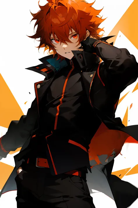 anime, boy, orange hair, short hair, red eyes, stylish black jacket, black pants, Messy hair,