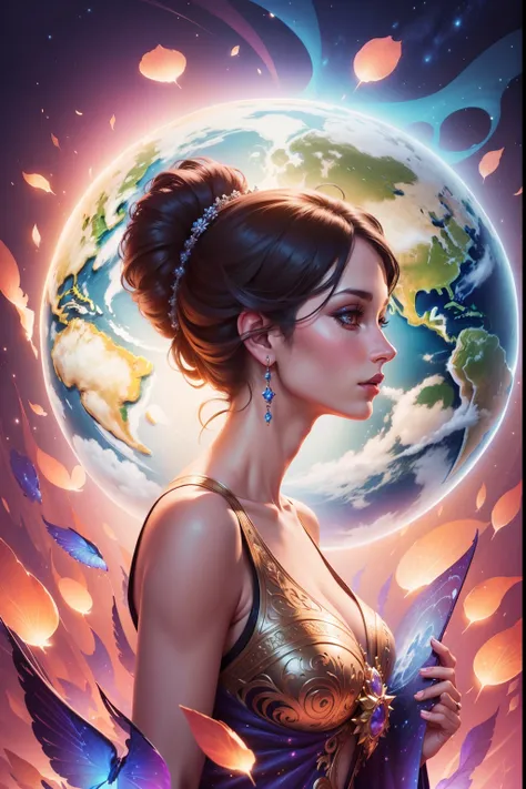 there is a woman that is standing in front of a globe, beautiful digital illustration, stunning digital illustration, a beautiful artwork illustration, beautiful digital artwork, beautiful fantasy art portrait, gorgeous digital art, beautiful digital art, ...