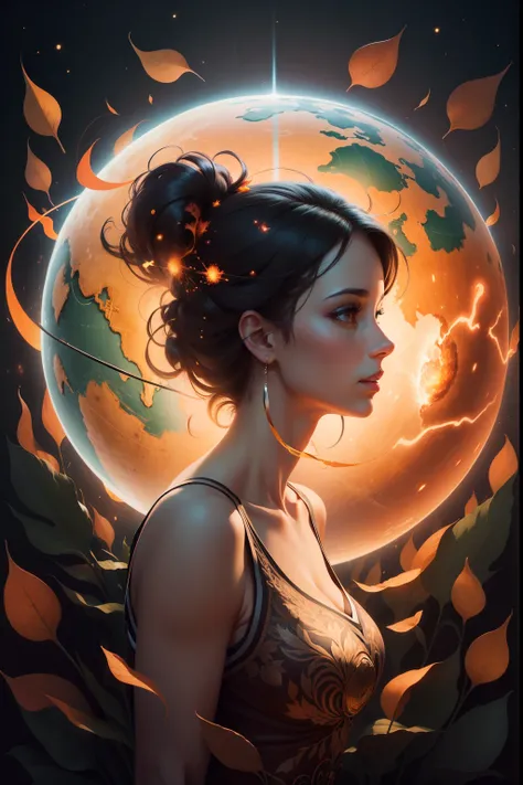 A womans mind is ignited with a brilliant spark of inspiration, the light of inner living radiating to the world, a globe in the background and leaves in the foreground, rendered in a stylistic and detailed illustration.