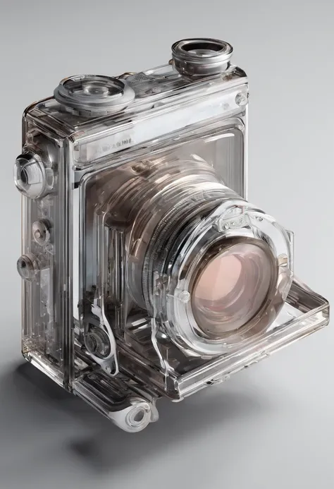 Old-fashioned camera, gradient translucent glass molten body, Laser effect, Caustics, designed by dieter rams, Clear glass, minimalistic, high detail, glowing, white background, industrial design, studio lighting, c4d, Oc renderer, clean shadows, 8K