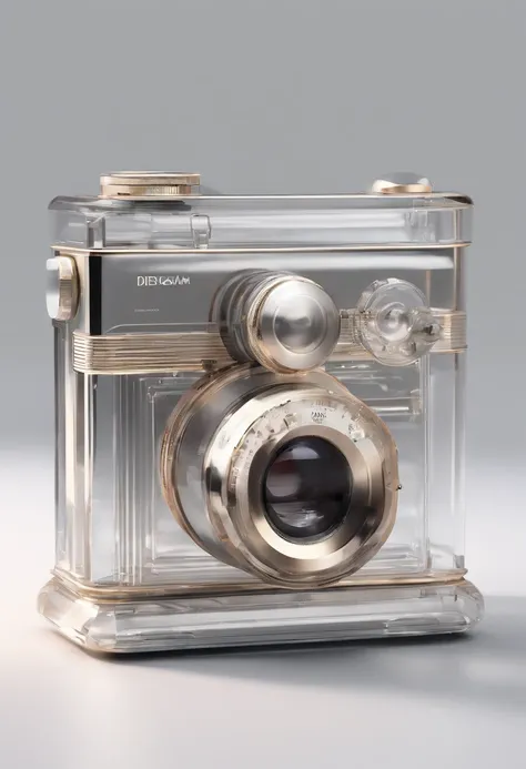 Old-fashioned camera, gradient translucent glass molten body, Laser effect, Caustics, designed by dieter rams, Clear glass, minimalistic, high detail, glowing, white background, industrial design, studio lighting, c4d, Oc renderer, clean shadows, 8K