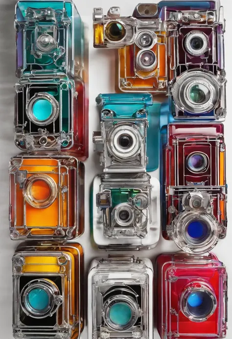 Vintage cameras, Gradient translucent ceramic melt, Laser effect, Caustics, Designed by Dietrams, Clear glass, Maximalism, High detail, Glowing, White background, industrial design, Studio lighting, C4D, OC renderer, Clean shadows, 8K