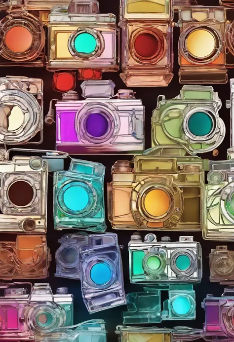 Vintage cameras, Gradient translucent ceramic melt, Laser effect, Caustics, Designed by Dietrams, Clear glass, Maximalism, High detail, Glowing, White background, industrial design, Studio lighting, C4D, OC renderer, Clean shadows, 8K