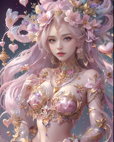 (masutepiece, of the highest quality, Best Quality, Official art, Beautiful and aesthetic:1.2), (1 Fantasy Girl), Extremely detailed, Glamorous Jewelry, long shapeless hair, (Fractal Art:1.3),Colorful,Highest detail.Express in the form of a heart、Ornaments...