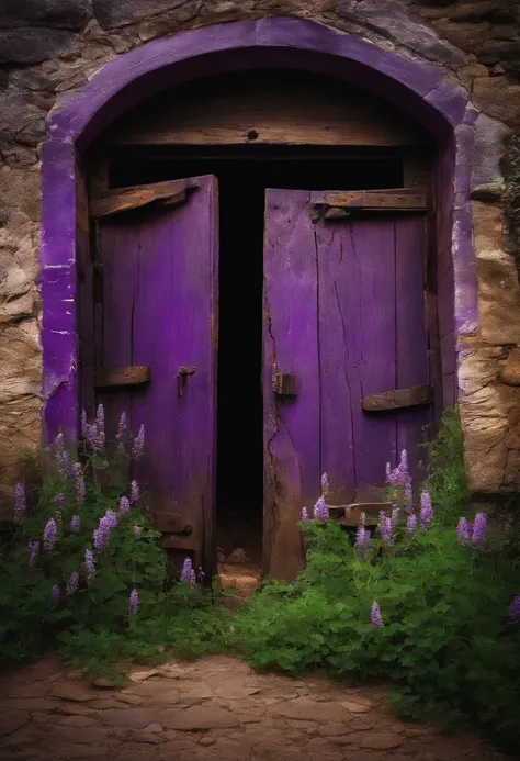 An old cellar door in the open air, exuding purple energy through the cracks.