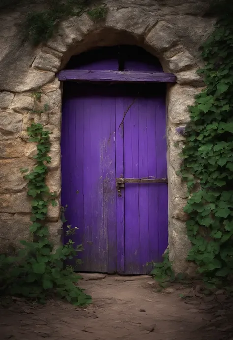 An old cellar door in the open air, exuding purple energy through the cracks.