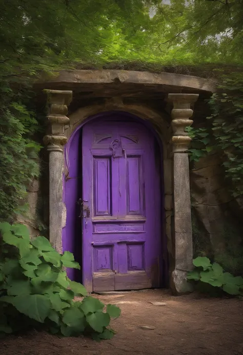 An old cellar door in the open air, exuding purple energy through the cracks.