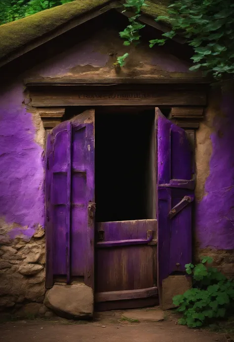 An old cellar door in the open air, exuding purple energy through the cracks.