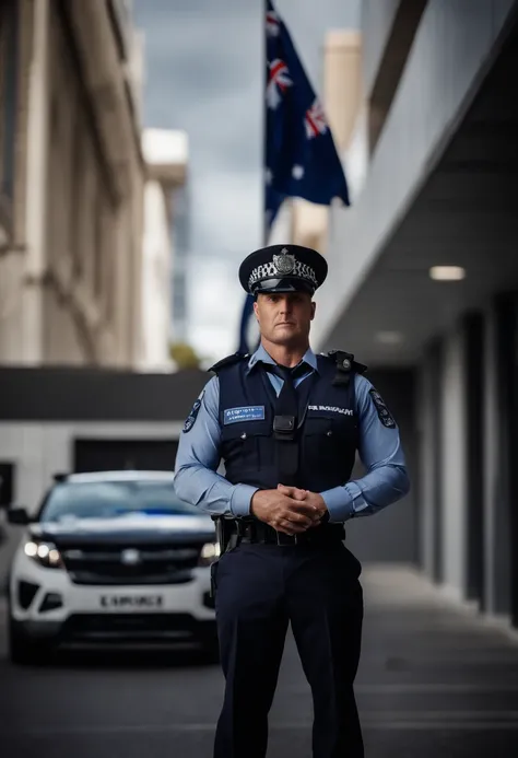 Australian police officer, wearing a navy blue uniform with a badge, standing in front of a police station with the Australian flag flying in the background. The officer should have a serious and professional expression.