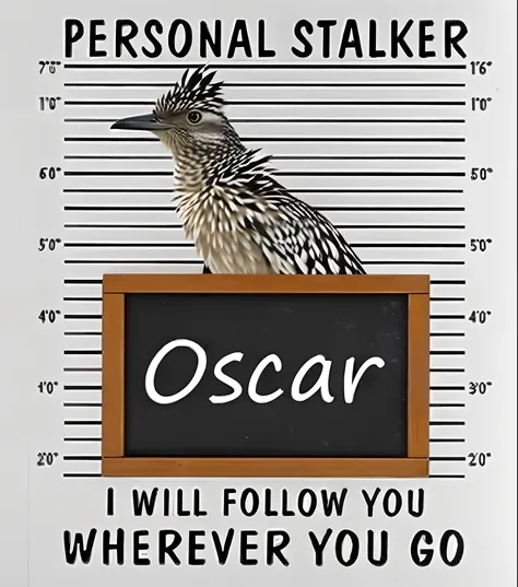 arafed mug shot of a bird with a sign that says oscar, oscar winner, oscar award winning, by Lisa Milroy, oscar, stalking, stalker, 🦩🪐🐞👩🏻🦳, prisoner, oscar winning, (digital art), by Louisa Puller, personal, wanted poster, scarfolk, inspired by Gonzalo End...