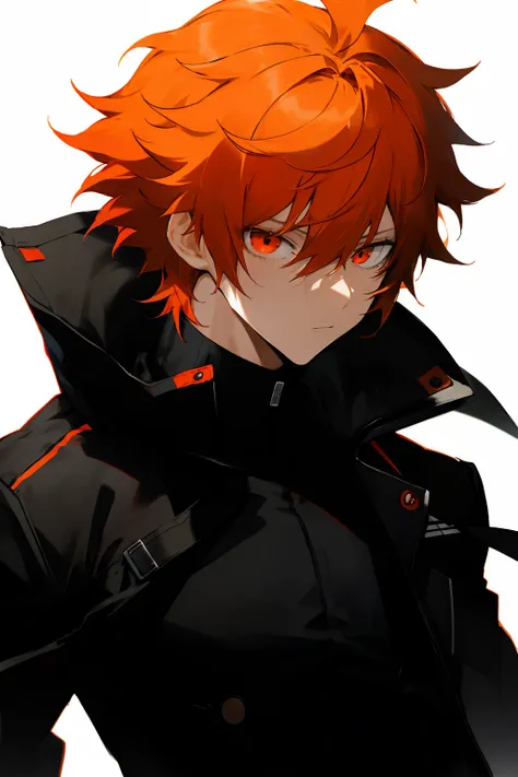 anime, boy, orange hair, short hair, red eyes, stylish black jacket, black pants, messy hair, upper body