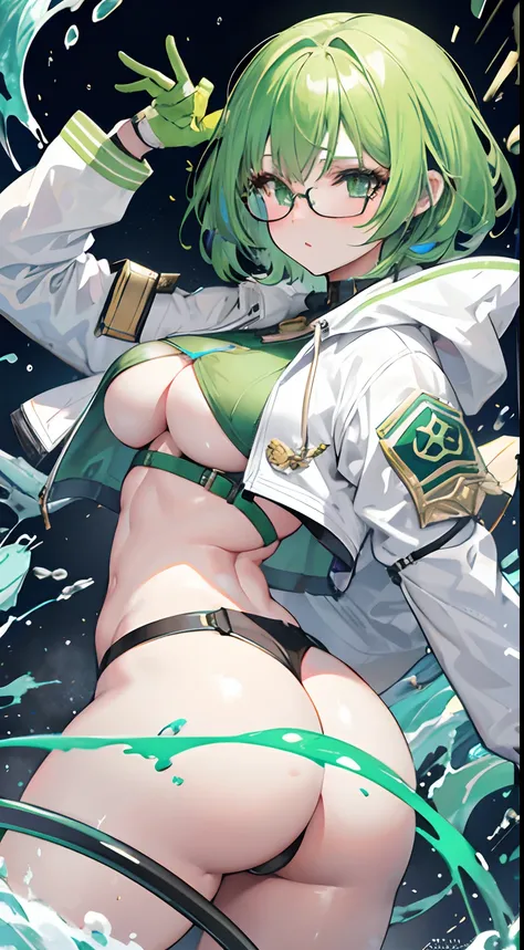 1girl, green hair, green eyes, big boobs, glasses, laboratory, crop white jacket, toxic, serum, gold armor, sparkling, green liquid, butt, bend over, splash liquid