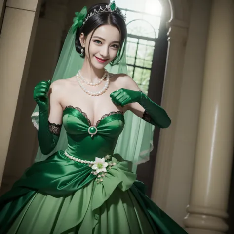 Boyish very short black hair, lipsticks, Japan woman smiling, Satin Green Long Gloves,　emerald tiara, Pearl Necklace, verd s eyes, Green eyes, Long green gloves made of satin material