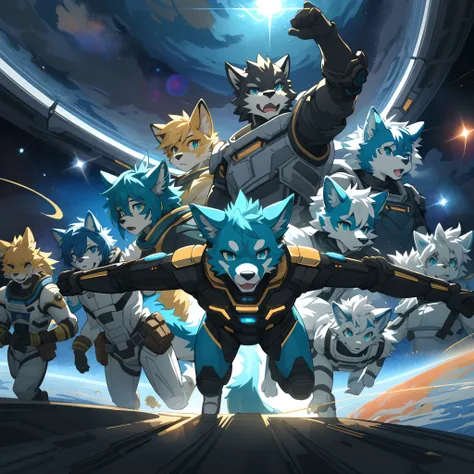 highres, top quality, best quality, paid reward available, High-quality illustrations, unparalleled masterpiece(battle movie of space ship interior)STAR Ocean, Cosmic suit, 6+boys, 6+girls(furry anthro:1.7)absurdres(highly detailed beautiful face and eyes)...