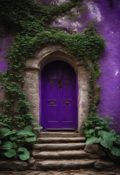 Uma porta de adega antiga ao ar livre, exuding purple energy through the cracks.