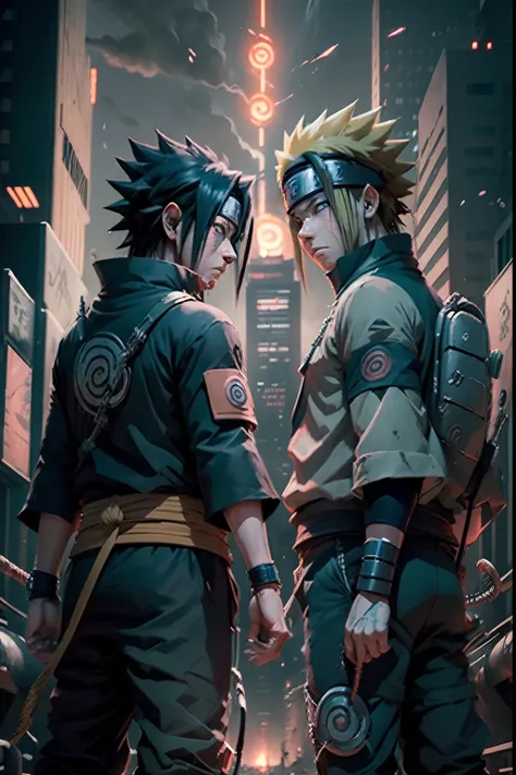 3d animation render, dynamic angle, epic fight scne, top quality, masterpiece, movie still, ((2boys)), (((uchiha sasuke and uzum...