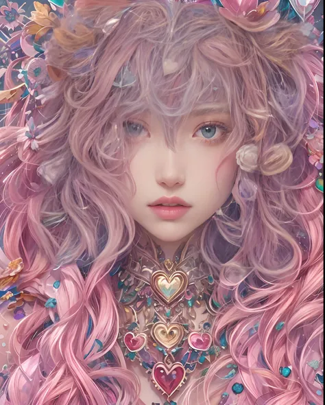 (masutepiece, of the highest quality, Best Quality, Official art, Beautiful and aesthetic:1.2), (1 Fantasy Girl), Extremely detailed, Glamorous Jewelry, long shapeless hair, (Fractal Art:1.3),Colorful,Highest detail.Express in the form of a heart、Ornaments...