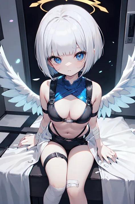 fullbody, 1 girl, floating sitting pose, pale skin, close up, face focus, ((blue halo,)) white hair, ((blunt bangs, straight bangs)), ((short hair)), ((hime cut)), ((bob cut hair)), ((side little ponytail)), sad, sniffle, white tight sweater with boob wind...