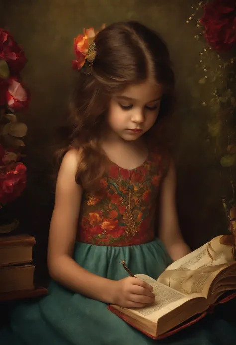 Leer un libro de texto, beautiful little girl