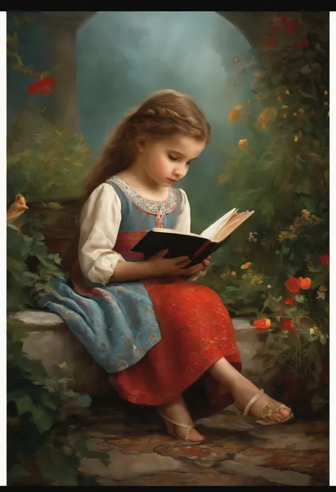 Leer un libro de texto, beautiful little girl