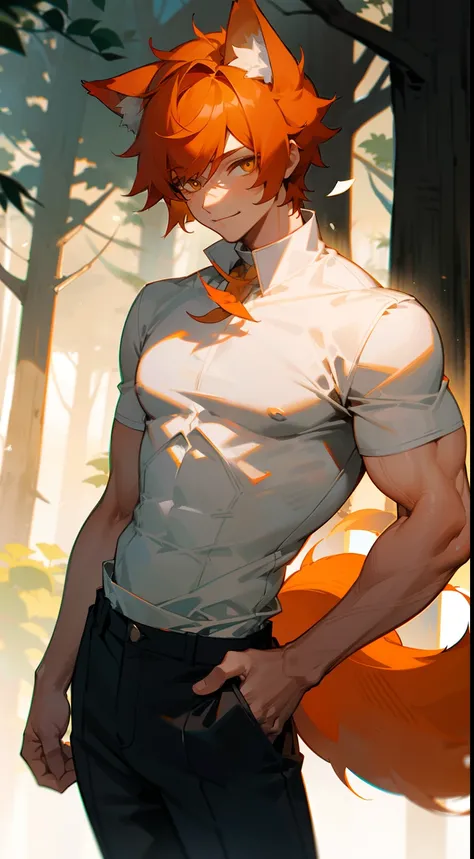 1boy,solo,20s,muscles,happy face,white shirt,black pants, Orange hair,short hair,yellow eyes,wolf ears,wolf tail, standing in front of a forest