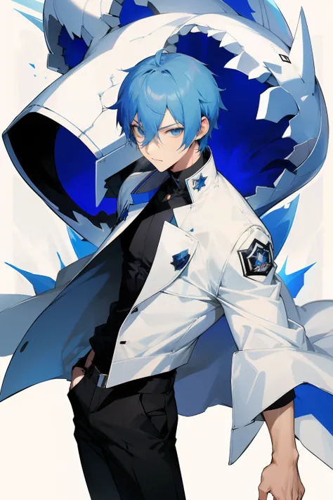 anime, boy, blue hair, medium short hair, dark blue eyes, stylish white jacket, black pants, straight royalty hair,