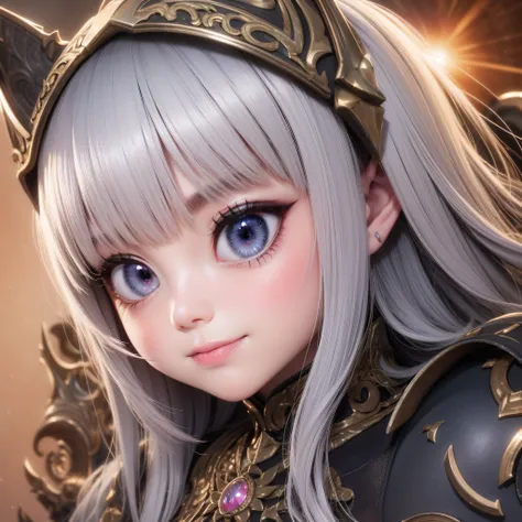 Close up of a smile with the corners of the mouth raised、Smiling Armor Doll、Armor helmet、armor girl、Armor Costume、Cosplay、(realisitic、hight resolution)、(1 girl in)、armor girl、Do-Up Eye、Korean Girl、(Best Quality), (masutepiece), (1girl in), Solo, a beauty g...