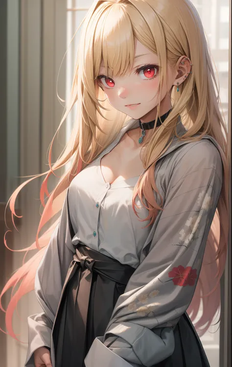 marin kitagawa, blonde hair, choker, ear piercing, earrings, long hair, piercing, (red eyes:1.5), straight hair, swept bangs,