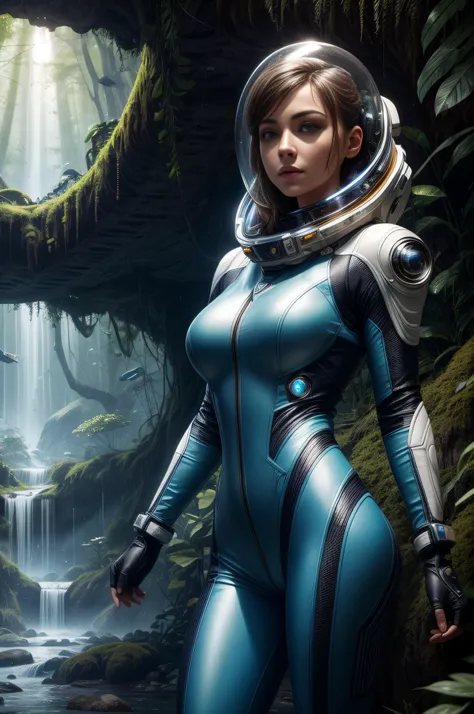 photorealistic deatalsin highest resolution, best quaity, slim young female beautiful covermodel in a sexy spacesuit, with very beautful highly detailed face, a spaceship overgrown with moss and trees, an alien planet, bright alien butterflies, a jungle, a...