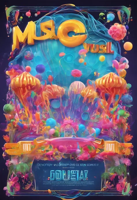 The music festival poster has an image of the artist in the center, along with the festivals lettering and logo, and a jellyfish and large bubbles.