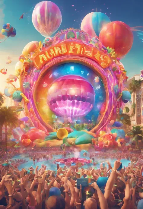 The music festival poster has an image of the artist in the center, along with the festivals lettering and logo, and a jellyfish and large bubbles.