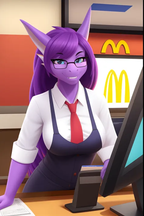 female anthropomorphic dragon, with purple skin with 4 ears, wears glasses, serving as a cashier at mcdonalds, 4k, masterpiece, ...