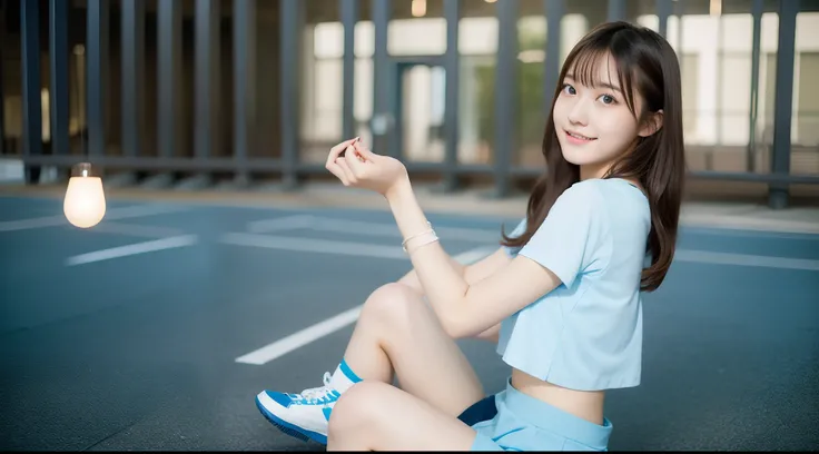 Cheergirl wearing a light blue miniskirt 18 years old