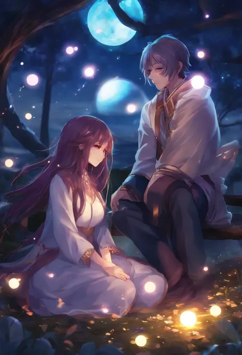 Anime couple sitting on the ground，With glowing spheres, no game no life, beautiful fantasy anime, anime in fantasy style, zerochan art, hd anime wallaper, Anime fantasy artwork, anime wallaper, ethereal anime, Beautiful anime, Anime fantasy illustration, ...