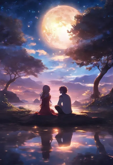 Anime couple sitting on the ground，With glowing spheres, no game no life, beautiful fantasy anime, anime in fantasy style, zerochan art, hd anime wallaper, Anime fantasy artwork, anime wallaper, ethereal anime, Beautiful anime, Anime fantasy illustration, ...