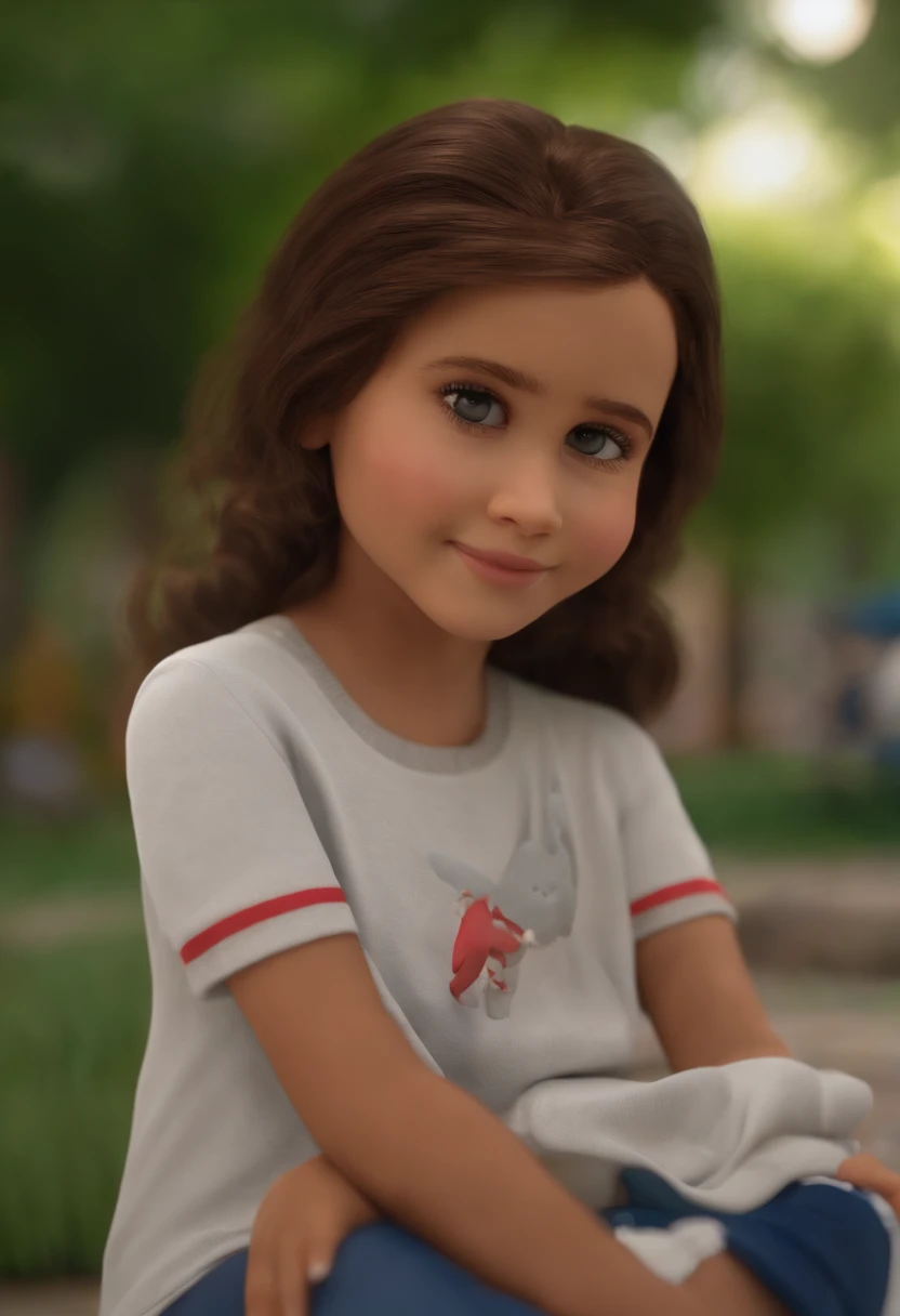 (Pixar 1.23 estilo) 1 menina ((parte superior do corpo frente, busto tiro)), solo, Beautiful child, pele morena, cabelos levemente cacheados, tracksuit bonita, menina, Brazilian child, playground, ((obra-prima, mais alta qualidade)), (composite lighting)