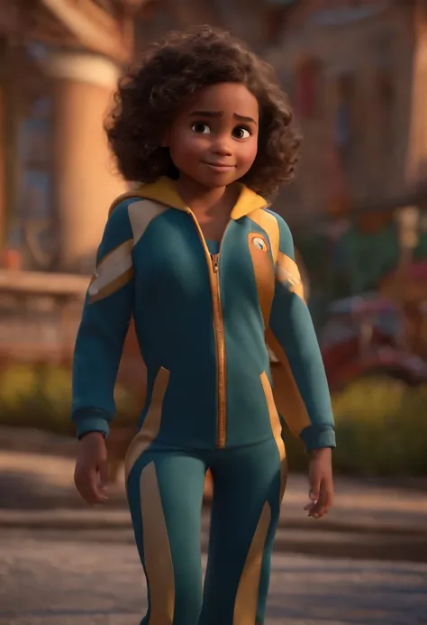 (Pixar 1.23 estilo) 1 menina ((parte superior do corpo frente, busto tiro)), solo, Beautiful child, pele morena, cabelos levemente cacheados, tracksuit bonita, menina, Brazilian child, playground, ((obra-prima, mais alta qualidade)), (composite lighting)